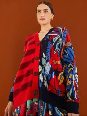 Farm Rio Oversized Vintage Forest Macaw Striped Cardigan Sweater Size Medium